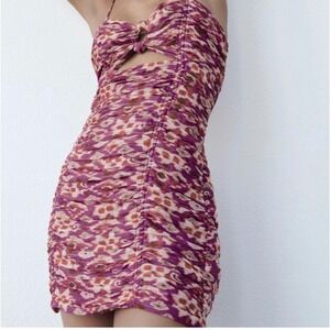 Zara Mini Dress Cut Out Ruched Bodycon Party Cocktail‎ Purple S